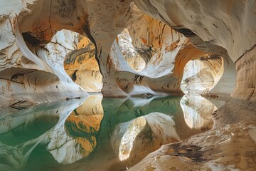 US, USA, Glen Canyon National Recreation Area. Arches in canyon walls with reflections of abstract design on Lake Powell