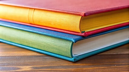 Sticker - Close up of three colorful book bindings on table, book, binding, close up, colorful, three, different, colours, table