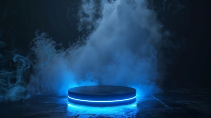 Wall Mural - This 3D rendering shows a sci fi technology pedestal with glowing LED lights against a grungy dark fog and cloud background. This image can be used in hi-tech product displays, big data displays,