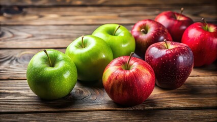 Poster - Close-up shot of fresh red and green apples on wooden table, fresh, red, green, apples, fruit, healthy, organic, juicy, delicious