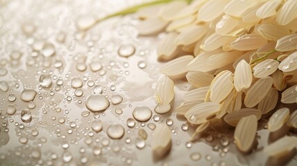 Wall Mural - Rice seeds with water droplets on a textured background