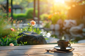 Sticker - A cup of coffee is sitting on a wooden table in a garden