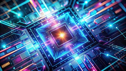 Poster - A close-up stock photo of a futuristic electronic device with light effects and abstract patterns, technology, innovation