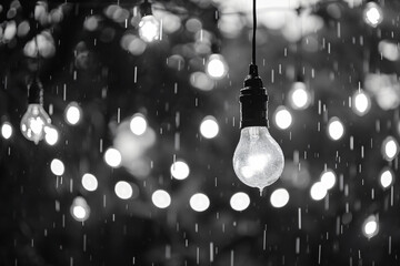 Wall Mural - Photo of string lights hanging in the rain, with blurred garden party background. Minimalist style.


