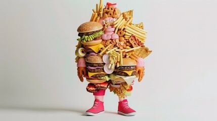 Unhealthy eating concept, character overloaded with fast food products highlighting obesity and consumerism