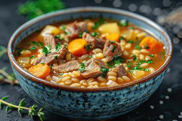 Wall Mural - A bowl of Scotch broth, with barley, lamb, and vegetables, garnished with fresh thyme. 