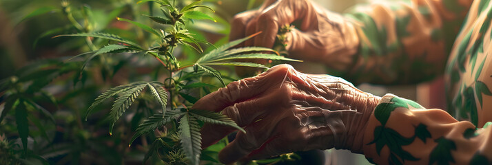 Sticker - Drug legalization background - Closeup of old woman's hands tending a marijuana cannabis plant on the balcony