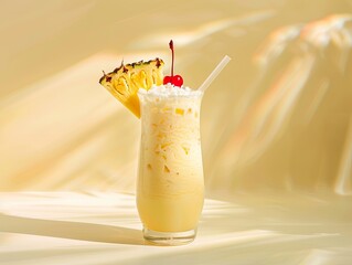 Wall Mural - A glass of a yellow drink with a cherry on top