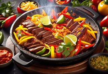 Sticker - sizzling fajitas hot plate steam delicious mexican cuisine ready eat, food, meal, cooked, serving, grilled, meat, vegetables, sizzle, juicy, peppers, onions