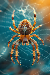 Close-up of a spider weaving a web against a backdrop of blue sky, with threads gleaming in the sunlight,