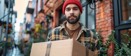 Wall Mural - Delivery man by sending box of parcel to customers service at home