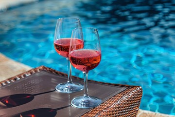 Poster - Two wine glasses filled with red wine are on a table next to a pool