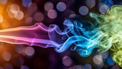 Wall Mural - Abstract gradient colored smoke flying on black background with bokeh effect, night life of fantastic creature