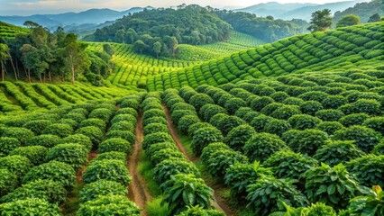 Coffee farm plantation field with lush green plants, perfect for a wallpaper background , coffee, farm, plantation