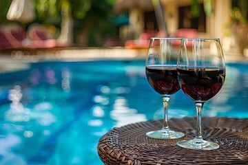 Two wine glasses filled with red wine on a table by a pool