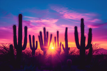 Sticker -  Cacti silhouetted against a vibrant sunset