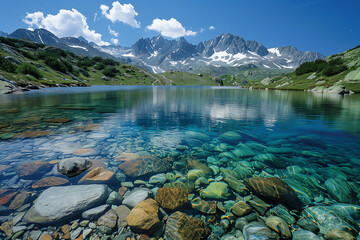 Wall Mural - Crystal-clear alpine lake with mountain reflections 