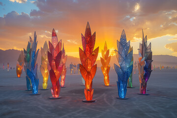 Sticker - Vibrant psychedelic art installations stand against the stark desert backdrop under a blazing sunset at Nevadas annual Burning Man festival