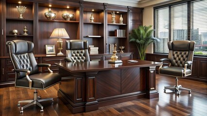 Luxurious dark wood executive office desk with two high-backed leather chairs, scattered papers, and sleek silver award trophies displayed.