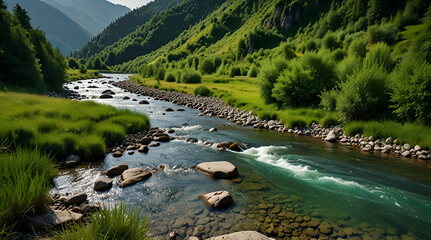 mountain landscape with river. green environment background, generative.ai
