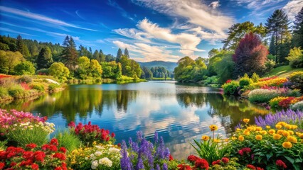 Canvas Print - A beautiful landscape with colorful flowers, lush greenery, and a serene lake , nature, scenery, outdoors