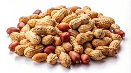 A scattering of brown peanuts in various shapes and sizes against a clean, crisp, stark, and isolated white background.