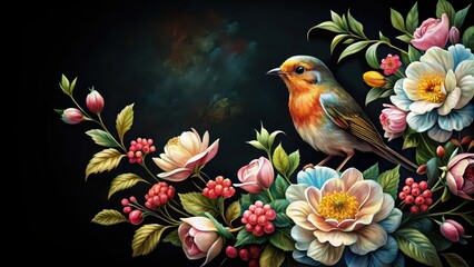 Wall Mural - Painting of a bird and flowers against a black background, bird, flowers, painting, art, black background, vibrant, colorful