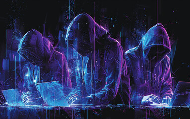 Hooded figures working on laptops in a blue and purple digital glow