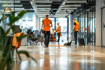 Cleaning crew using vacuum in expansive office with employees working in the background