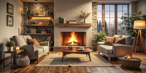 Sticker - Cozy living room with a warm fireplace , home, interior, cozy, warm, fire, comfort, relaxation, fireplace, living room