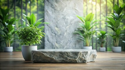 Wall Mural - Rock podium display with rock slab plant in background, rock, podium, display, slab, plant, backdrop, nature, stones