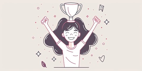 Wall Mural - Simple Line Art of Girl Celebrating Victory