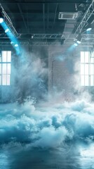 Wall Mural - A white stage with blue smoke below, resembling fog on the floor, in a brightly lit room.