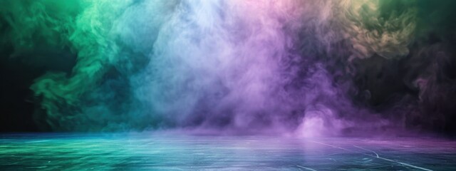 Wall Mural - Stage with purple and green smoke below, like fog on the floor. In a room.	
	