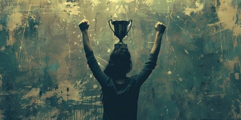 Wall Mural - Victorious Woman Holding Trophy in Rough Scene