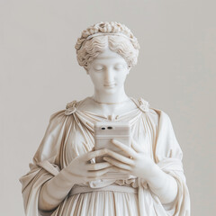 Ancient Greek goddess sculpture holding a smartphone. Female marble statue scrolling social media. Doomscrolling, mental health, 