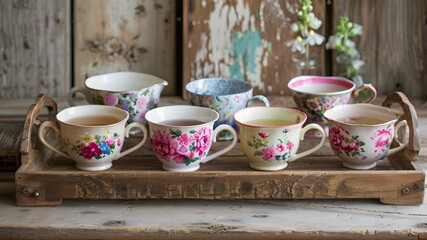 Wall Mural - Delicate teacups adorned with colorful floral patterns are carefully arranged on a rustic wooden tray.