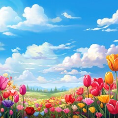 Sticker - Tulips flower field border backgrounds landscape outdoors.