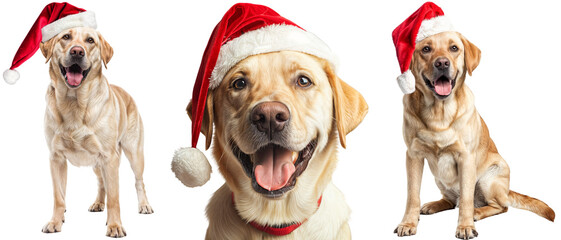 Wall Mural - Joyful Yellow Labrador Dogs Wearing Santa Hats on Transparent Background - Festive Christmas Pet Collection for Holiday Cheer