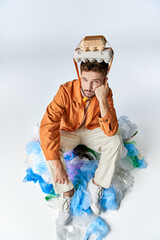 Wall Mural - A man wearing a orange jacket sits in a pile of plastic bags, looking down.