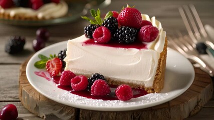 Wall Mural - Handpicked mountain berries atop a creamy and indulgent cheesecake made with fresh dairy from a local farm.