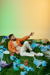 Wall Mural - A man lies surrounded by plastic waste on a green field, his hand reaching out into the distance.