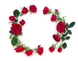 Wall Mural - red flowers roses with space for text on white background. top view, flat lay
