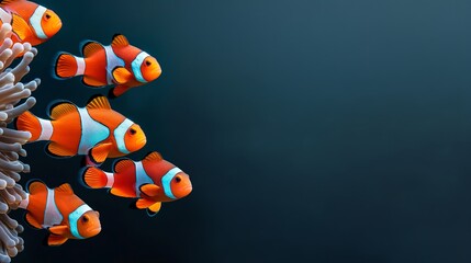 Poster - A group of orange and white fish swimming in a blue ocean. The fish are all different sizes and are swimming in a line