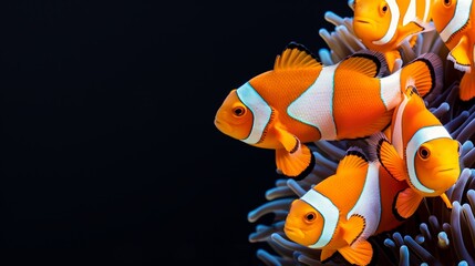 Wall Mural - A group of orange and white fish swimming in a coral reef. The fish are all different sizes and are swimming in a circle around a large piece of coral