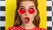 © Nataliia_Trushchenko - A woman with red glasses and red lipstick is making a surprised face. The image has a bright yellow background and black and white stripes