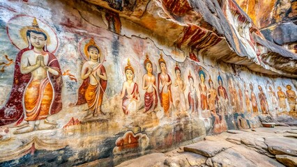 Ancient paintings on the rock wall at the Pratu Pha archaeological site