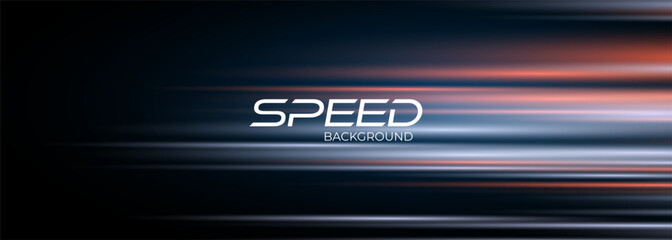 Poster - Blue and red high-speed background. Movement light trails effect on black abstract background. Wide technology banner with glowing blue and red light motion effect. Vector illustration