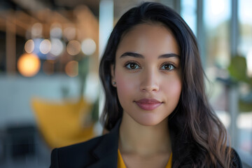 Wall Mural - A close-up headshot of a young female business leader, with a vibrant office setting in the background. 