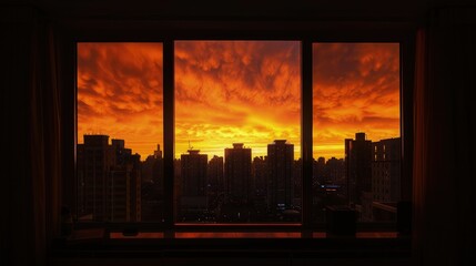 Wall Mural - A sunset view from an apartment window, where the skyline is silhouetted against a fiery orange sky, highlighting the outlines of  buildings and the calm evening ambiance.